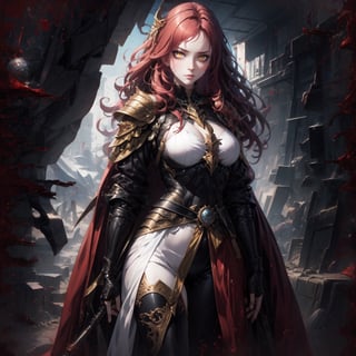 Red-haired lady dressed in black armor and a broken black mask, becky cloonan style, yellow eyes, intense gaze, detailed illustrations, magali villeneuve, james jean, Elden Ring, Illustration, Line Art, Graphic Novel,BloodOnScreen