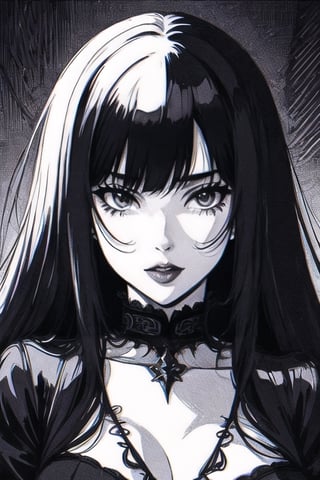 A detailed pencil drawing of a beautiful woman with fair skin and long, straight black hair styled in a hime cut, with a blunt fringe. She has yellow eyes and purple lips, and a sinister expression. The background is solid black, making her features stand out dramatically. The drawing features fine lines, intricate shading, and a high contrast between the light and dark areas, giving it a gothic and suspenseful feel.