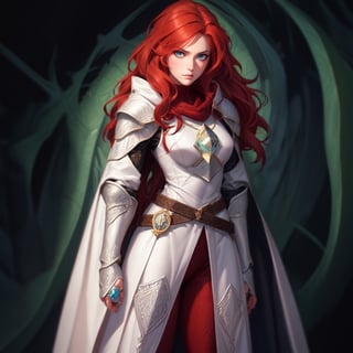 Red-haired lady dressed in white armor and a white hood, becky cloonan style, blue eyes, intense gaze, detailed illustrations, magali villeneuve, james jean, Elden Ring, Illustration, Line Art, Graphic Novel