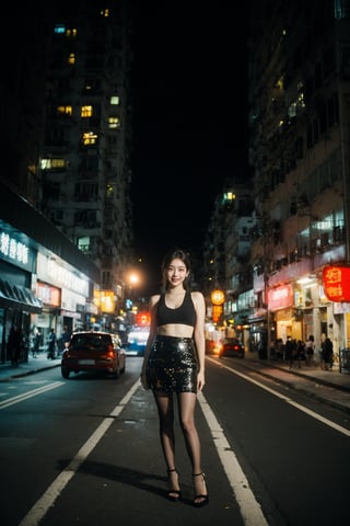 35mm photograph, film, bokeh, professional, 8k, highly detailed,,1girl, milf, bare pectorals, thigh, [:see-through:4] intricate clothes, (sparkly:1.2) skirt, balck pantyhose, high heels, kpop idol makeup, (closed smile:1.2), natural skin texture, realistic pores skin, (aesthetics and atmosphere:1.2), summer, street, Full body, sunset, (incredible sky:1.2), HongKong, ,Hongkong street