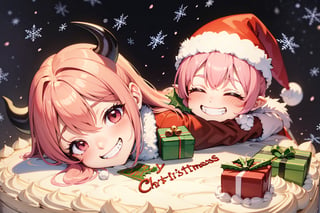 best quality, (((chibi devil on christmas cake))), (devil horn, pink hair), (grin:1.4)