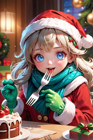 masterpiece, best quality, high resolution, extremely detailed CG, santa costume, santa hat, holding fork, eating, cake, (detailed eyes), (perfect detailed face), long hair, cute, elaborately designed clothes, (brilliant colorful luminescence christmas ornaments),  (puffy gloves), scarf, (merry christmas), indoors, (bright colors), (christmas party), 