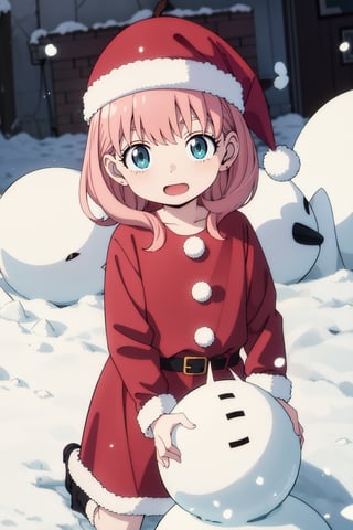 absurdres, highres, beautiful, best quality, anya_forger_spyxfamily, ((santa cos, make a snowman)), eyelashes, shiny eyes, BREAK background city, snow