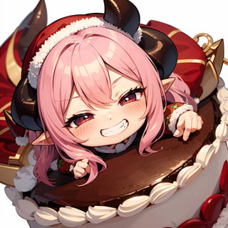 best quality, (((detailed chibi devil))) on christmas cake, (grin:1.4)