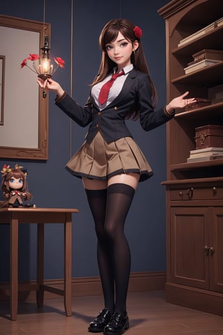  student clothes, beautiful, good hands, full body, good body, 18 year old girl body, school shoes, school skirt, school shirt, black shoes, sexy pose, full_bodyschool_uniform, shoes_black, with  school_shoes_black, arcane style, clothes with accessories, denier tights in beige, stockings_colorbeige, brown hair, straight hair, fair skin, light eyes, red flower in the girl's hair,1girl,glitter,shiny,Marionette