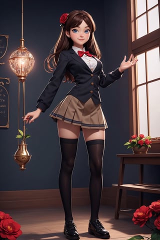  student clothes, beautiful, good hands, full body, good body, 18 year old girl body, school shoes, school skirt, school shirt, black shoes, sexy pose, full_bodyschool_uniform, shoes_black, with  school_shoes_black, arcane style, clothes with accessories, denier tights in beige, stockings_colorbeige, brown hair, straight hair, fair skin, light eyes, red flower in the girl's hair,1girl,glitter,shiny,Marionette