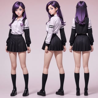 beautiful, good hands, full body, looking to the camera, good body, 19 year old girl body, sexy pose, school clothes, full body, asian girl, purple hair, school clothes,black school shoes, white shirt, black school skirt,inui sajuna juju,pink hair, pink eyes, character sheet, white background, character_sheet,charactersheet, character sheet with 3 views (front-side-back), long hair, thin legs