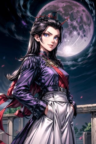 Beautiful woman standing front at viewer, (slick back hair:1.3), black hair, long hair, blue eyes, white skirt with black and purple accent, black jacket, purple crown, black gloves, friendly smile, (medium breats), hands in pockets, looking at viewer, (big moon:1), sky, night, castle