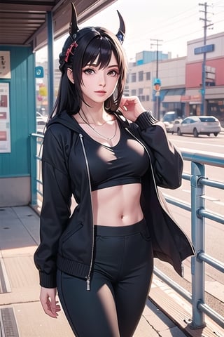 , Long Hair, depth of field, Black Horn headgear,  big_boobs, White T-shirt, black Jogger Pants, lace, lace rims, skirt, hoodie, city light, in modern city skinny cheek blue In His pants are tied in a black jacket, his hair is tied up by a woman on the balcony girl
,haruno sakura,