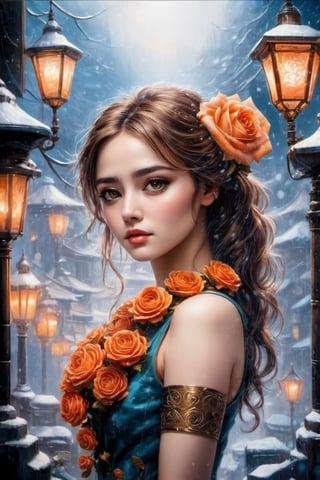 'Moonlight',  showcases a painting titled 'Rose,' embracing hyper-realistic portraiture. Within its canvas, vibrant illustrations bloom into life, crafting flowers in hues of orange and azure, snowing , white fog , This carnivalesque masterpiece is a symphony of photographically detailed portraiture, where every petal and hue evokes emotion. A creation that could grace album covers and captivate hearts.,Movie Still,HZ Steampunk,cyberpunk style