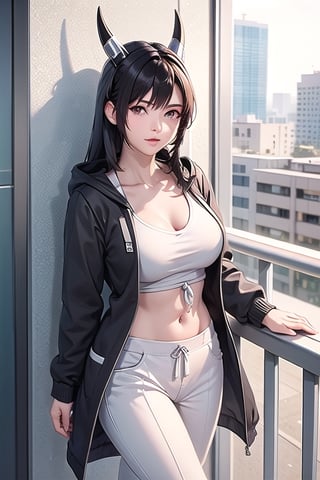, Long Hair, depth of field, Black Horn headgear,  big_boobs, White T-shirt, black Jogger Pants, lace, lace rims, skirt, hoodie, city light, in modern city skinny cheek blue In His pants are tied in a black jacket, his hair is tied up by a woman on the balcony girl
,haruno sakura,