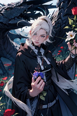 A mysterious girl , with curly white hair,  big_boobs, in a black and red cloak holding a sword in a red flower field.
A sword master with a blurred identity and a black and red outfit surrounded by flowers.