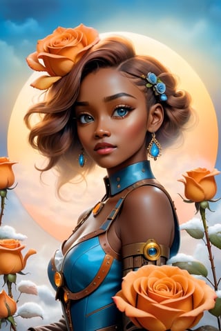  'Moonlight',  showcases a painting titled 'Rose,' embracing hyper-realistic portraiture. Within its canvas, vibrant illustrations bloom into life, crafting flowers in hues of orange and azure, snowing , white fog , This carnivalesque masterpiece is a symphony of photographically detailed portraiture, where every petal and hue evokes emotion. A creation that could grace album covers and captivate hearts.,Movie Still,HZ Steampunk,cyberpunk style