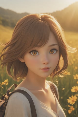 high quality, 8K Ultra HD, masterpiece, beautiful girl, A digital illustration of anime style, digital paintings of her, beautiful face, A beautiful girl walking with a bag on a grassy field, surrounded by a vast expanse of greenery and wildflowers, Her hair is gently swaying in the breeze, and the sun is shining down on her, casting a warm glow on her skin, heroines, delicate skin, beautiful hair, large eyes, three dimensional effect, enhanced beauty, Albert Anker, Feeling like Albert Anker, Kyoto Animation, Feeling like Kyoto Animation, brown hair, a little smile, luminism, black eye, 3d render, octane render, cinematic, Isometric, by yukisakura, awesome full color, 