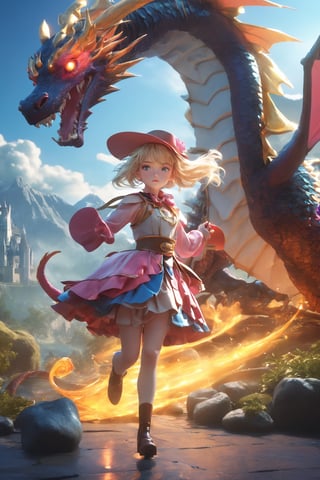 high quality, 8K Ultra HD, masterpiece, A beautiful magical girl is fighting a dragon, magical girl hat, black eye, fantasy world, breathtaking landscapes, mystical atmosphere, three dimensional effect, luminism, Albert Anker, Feeling like John Howe, 3d render, octane render, cinematic, Isometric, by yukisakura, awesome full color, 