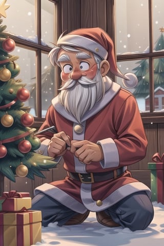 (masterpiece, best quality) Santa Claus,trimming the tree, Christmas tree in background, window with snow coming down, averting_eyes