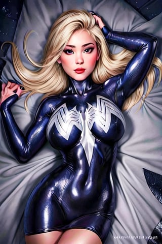 (masterpiece), (best quality), (detailed), light layer, 1solo girl, young girl, Wearing a glitter mini dress features a wrap silhouette with ruching detail, a low V-cut bust, and long sleeves, perfect body, defined chest, defined collarbone, ultra realistic, photorealistic, detailed, symbiote, spider-gwen, blond hair, lying on her side