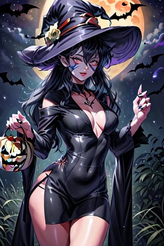 1girl, 25-years-old woman, pale complexion, spider web tatttoo on face, wearing a v-neck sexy witch outfit, large orange moon, bats in the upper left hand corner, black eyelinder and lipstick, ghostly white long hair, witch hat, holding a small jack o lantern with both hands, some clouds
