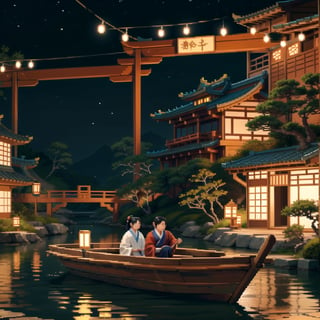 masterpiece, outdoors, (night time), night, cozy lights, river, river scenery, ancient asia scenery, asian garden, asian architecture, | depth of field, bokeh, ,PixelArt