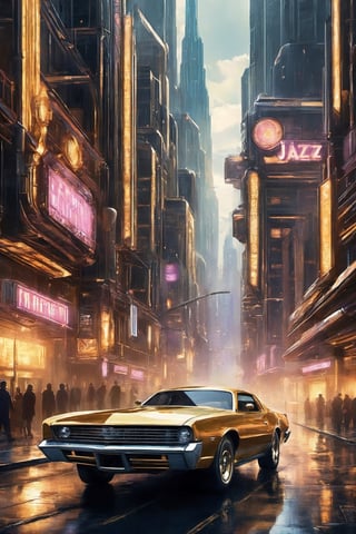 Design a digital artwork that fuses futuristic elements with the Art Deco style of the 1920s. The scene shows a Rotten Future, (a futuristic golden metropolis, big city), where theres a fusion between jazz and black metal in the archetecture and the peoples clothes  Imagine a futuristic metropolis with grand Art Deco buildings and elegant flying vehicles, all in metallic colors to create a spectacular effect, photo realistic, fusion between jazz and black metal