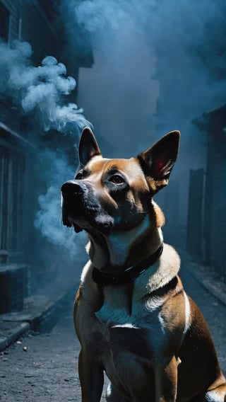 creepy dog, human-like body, sinister environment, smoke, night, terror, uncanny vibe