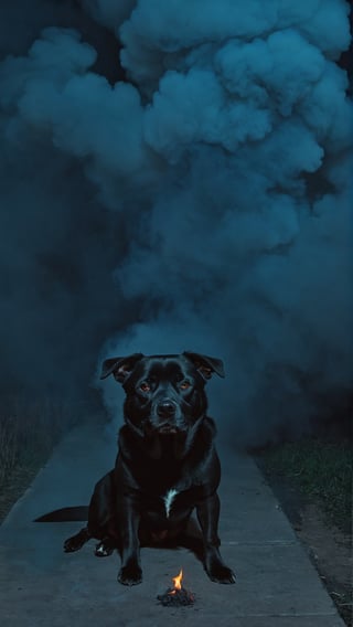 creepy dog, human body parts, sinister environment, smoke, night, terror, uncanny vibe