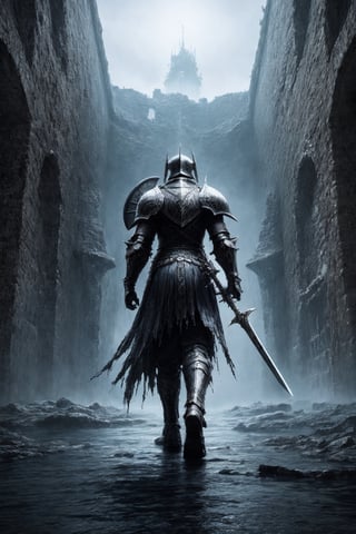 Dark fantasy themed image, Dark souls artstyle and scenary. A black knight wearing his armor with sword and shield entering a destroyed castle. photorealistic, 4k, dark themed