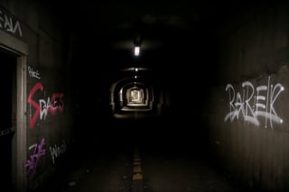 centered, photography, raw photo, | shady old tunnel with graffiti on the walls and one of the graffiti says "gates of hell",  dark place, no lights | aesthetic vibe, night time, , | bokeh, depth of field, liminal space