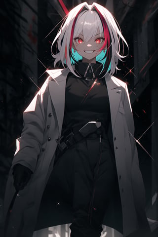1girl, tall, multicolored hair, long white hair, red strands, white doctor's coat, black t-shirt, black trousers, blood stains, blue doctor's gloves, metal collar, heels, red eyes, predatory pupil, manic smile, (((sparkle effect)))