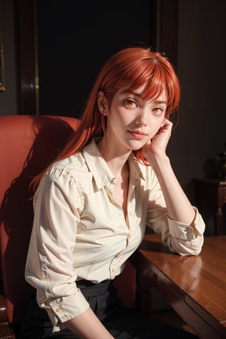 makima sitting on chair , portrait_style , (portrait) , smile , red_hair , red_eyes , red_theme_background 