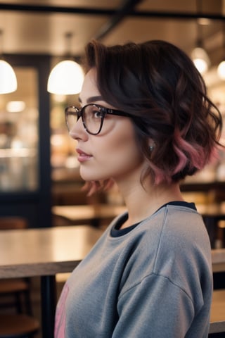 extra detailed, detailed anatomy, detailed face, detailed eyes, professional photography of beautiful 21 year old lady, black sweatshirt, glasses, distracted, in profile, hair mixed between black and pink, cafe