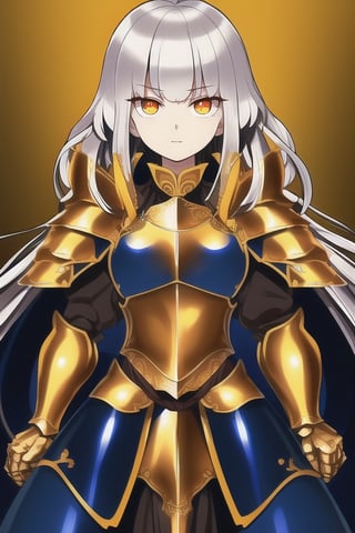 
beautiful princess with orange eyes and golden hair wearing silver colored knight armor