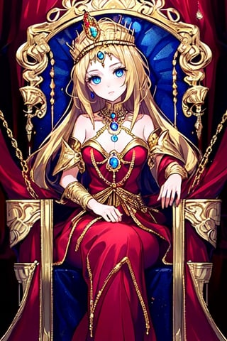 beautiful queen with blue eyes and golden hair wearing a red dress with a jewel encrusted golden crown on her head sitting on a throne