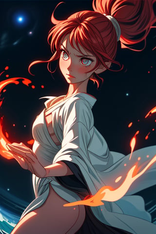 A red-haired mage like fire, her tresses framing a serene and determined face. Her eyes sparkle with flashes of ancient knowledge as she attentively watches the flow of flames in her hands.

Adorned in a celestial-hued robe, evoking the tranquility of the starry night sky, it contrasts with her hair and the power she channels. The robe flows around her like calm waves, every fold and movement seemingly controlled by her will.

At the focal point of her concentration, her hands rise in an elegant, fluid dance. With a defined motion, a sphere of fire materializes in her palm, crackling and dancing in harmony with her magic. Shades of red and orange blend in a captivating ballet, emitting warmth and light throughout the space.