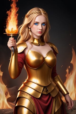 beautiful goddess of fire with blue eyes golden hair wearing medieval armor and a fireball in her right hand