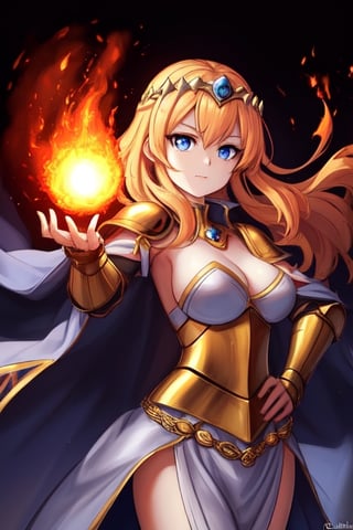 beautiful goddess of fire with blue eyes golden hair wearing medieval armor and a fireball in her right hand