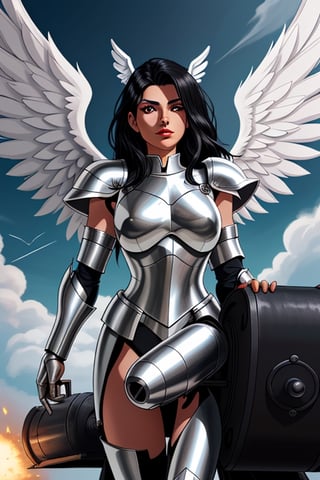 black haired angel with metallic wings wearing silver armor and a cannon in one arm