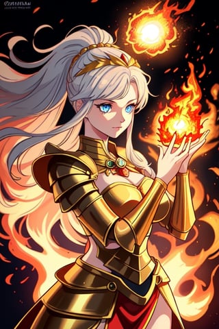 beautiful goddess of fire with blue eyes golden hair wearing medieval armor and a fireball in her right hand