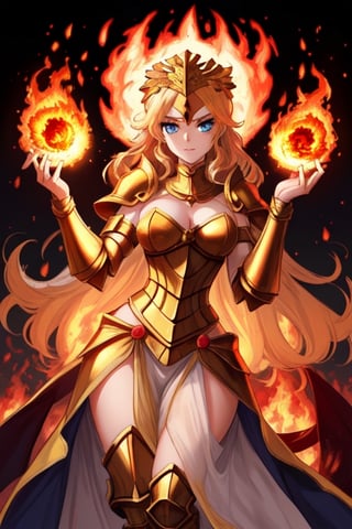 beautiful goddess of fire with blue eyes golden hair wearing medieval armor and a fireball in her right hand