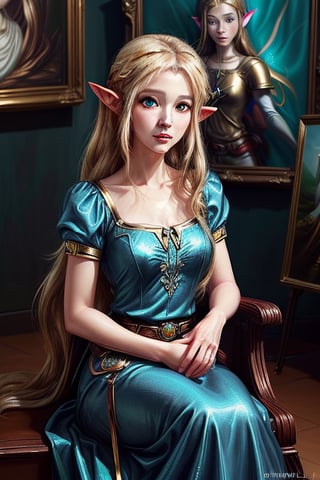 blond haired woman with blue dress and gold jewelry sitting in front of a painting, portrait of princess zelda, portrait of zelda, princess zelda, portrait of an elf queen, beautiful and elegant elf queen, artgerm on artstation pixiv, artgerm julie bell beeple, zelda style art, artgerm. anime illustration, elf princess
