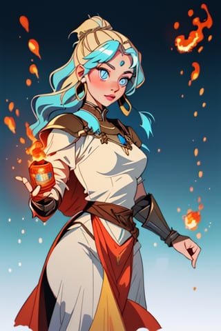 beautiful goddess of fire with blue eyes golden hair wearing medieval armor and a fireball in her right hand