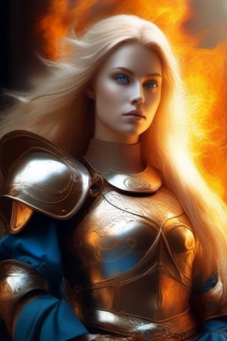 beautiful goddess of fire with blue eyes golden hair wearing medieval armor and a fireball in her right hand