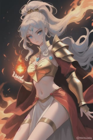 beautiful goddess of fire with blue eyes golden hair wearing medieval armor and a fireball in her right hand