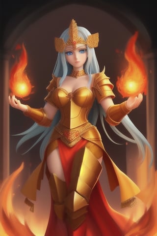 beautiful goddess of fire with blue eyes golden hair wearing medieval armor and a fireball in her right hand