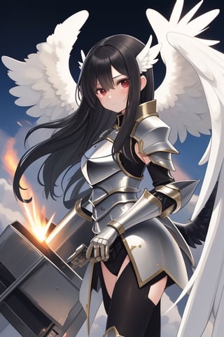 black haired angel with metallic wings wearing silver armor and a cannon in one arm