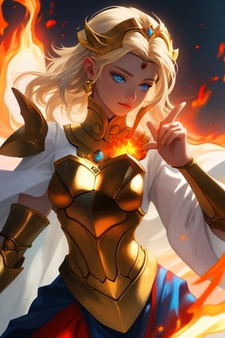 beautiful goddess of fire with blue eyes golden hair wearing medieval armor and a fireball in her right hand