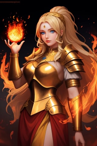 beautiful goddess of fire with blue eyes golden hair wearing medieval armor and a fireball in her right hand