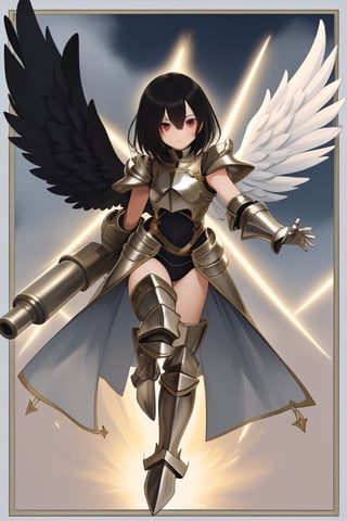 black haired angel with metallic wings wearing silver armor and a cannon in one arm