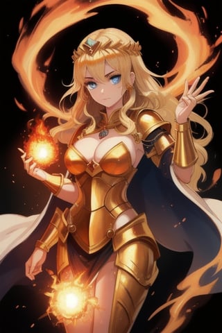 beautiful goddess of fire with blue eyes golden hair wearing medieval armor and a fireball in her right hand