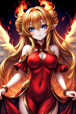 Fire goddess with golden hair a red dress blue eyes and a pair of wings